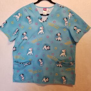 Disney M Scrub Top 101 Dalmatians Blue Mischief Vet Pediatrics Nursing Workwear